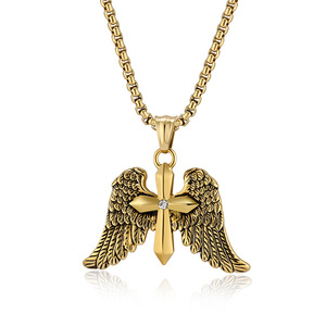 yunnique retro punk style archangel wings double cross <b>titanium</b> steel necklace, a unique fashion accessory wholesal - Product Image 1