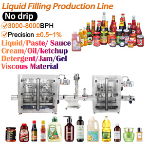 Ligne de remplissage et de bouchage automatique intégrant un remplisseur à piston 10 têtes et un bouteur mobile à synchronisation servo pour l'industrie agroalimentaire, les boissons et les cosmétiques - Product Image 1