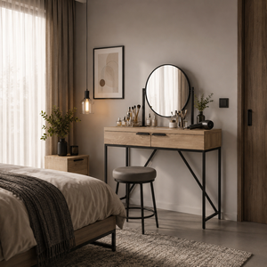 Table de maquillage moderne en bois grainé avec miroir rotatif, tiroirs et pieds en métal doré - Product Image 4
