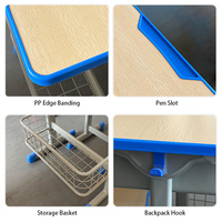 Ensemble de mobilier de classe ergonomique : Chaise de bureau scolaire réglable en hauteur, bleue, avec bordure en PP, fente pour stylo, panier de rangement et crochet pour sac à dos