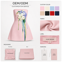 Fabrication de vêtements OEM, robe personnalisée rose sans bretelles, imprimé floral, taille cintrée, mini robe en forme de A
