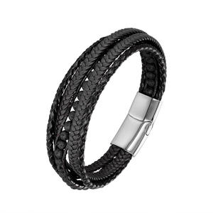 جودة عالية للرجال أسود جلد مضفر وندفة الثلج سوار سبج مجوهرات الفولاذ المقاوم للصدأ - Product Image 1