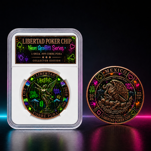 Pièce de poker Libertad Mexique 2026 de 1 once en cuivre pur .999, colorée au néon style graffiti, pièce de défi souvenir avec coffret de présentation - Product Image 1