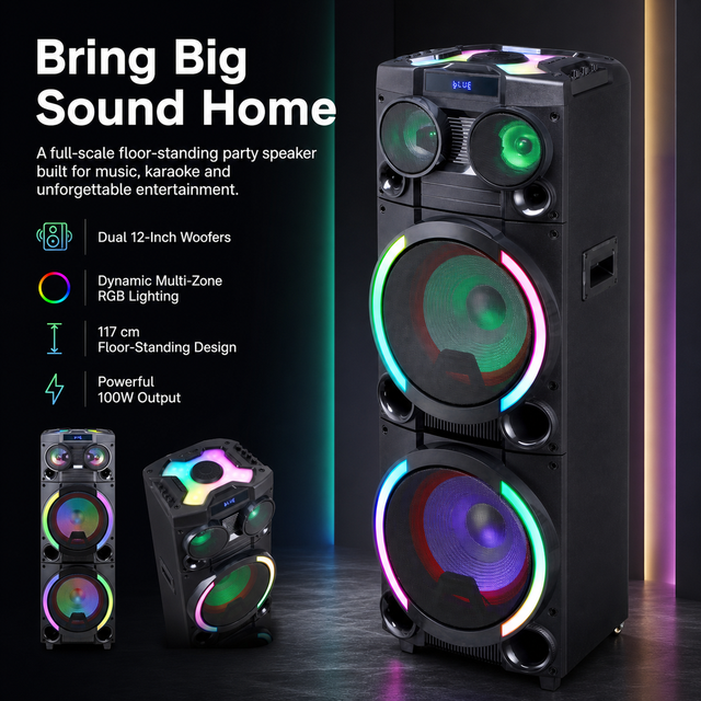 HANSUO HS-TD12P8 100W Dual 8 Inch Floor Standing Karaoke Party Speaker with 7Ah Battery RGB Lights USB FM and Recording Function