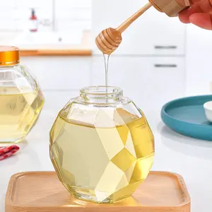 Jarra de mel de luxo de 500ml, jarra de mel de vidro hexagonal de vidro com tampa de madeira, jarra de mel única com fralda de madeira