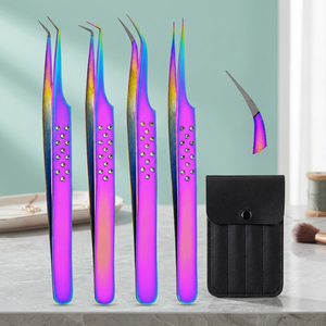 Ensemble de 4 pinces à cils arc-en-ciel en acier inoxydable, outils de beauté pour extensions de cils à pointe incurvée et droite de précision, avec étui de rangement - Product Image 2
