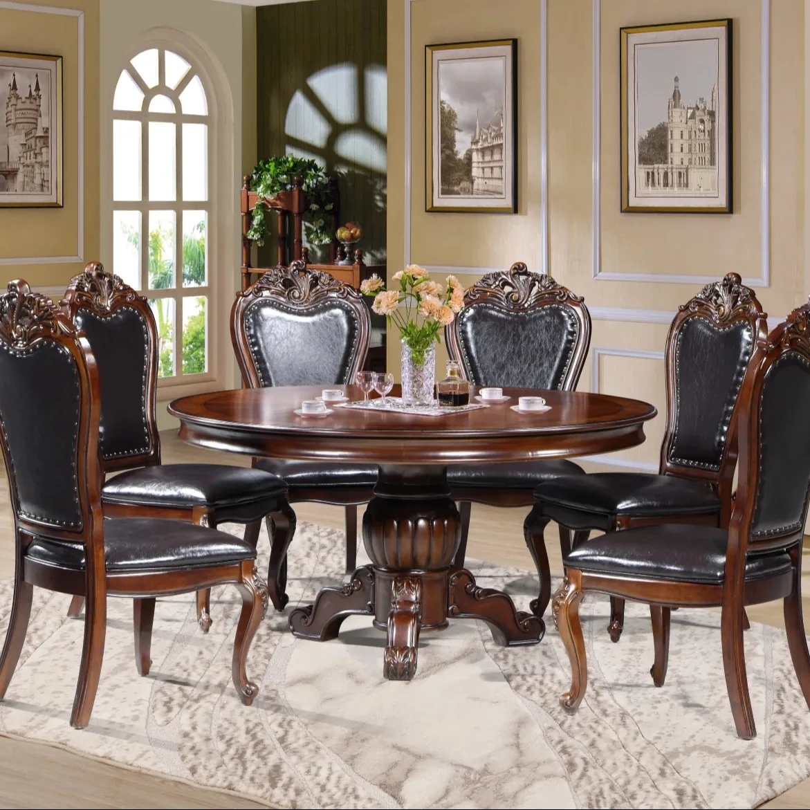 Mesa de comedor redonda de madera de lujo clásica con silla Juego de comedor Muebles Cena de estilo americano