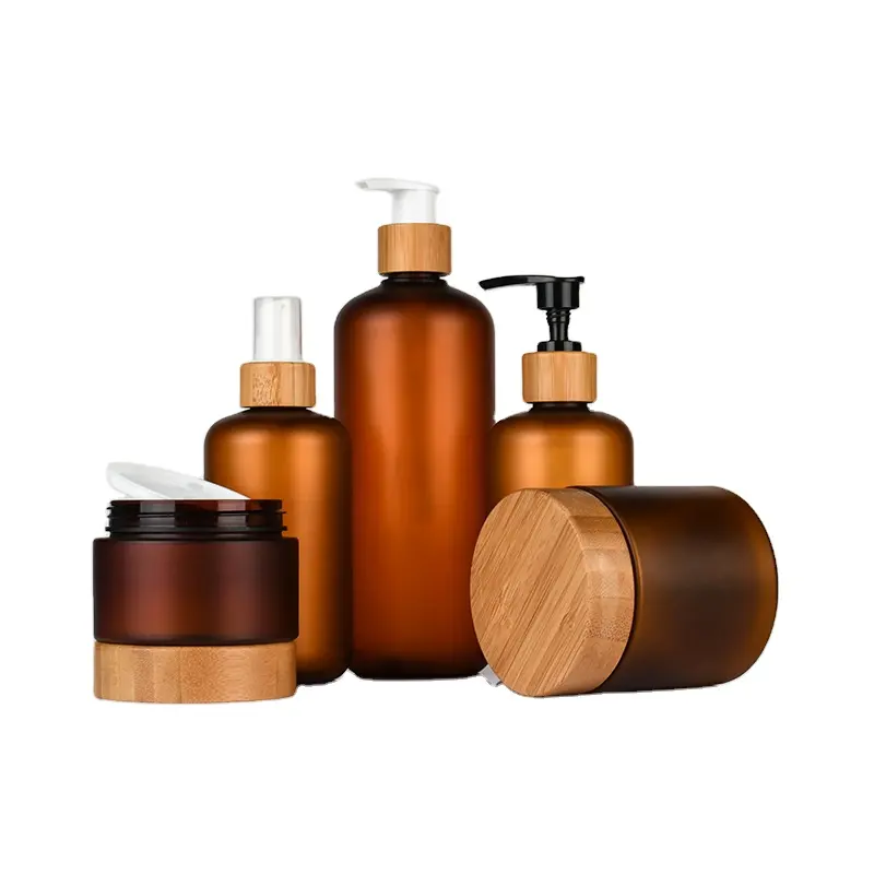 Frasco de plástico esmerilado para crema corporal, frasco de plástico ámbar esmerilado para loción, con tapa de bambú, para el cuidado de la piel, 500ML
