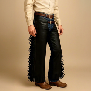 FAZMAX Men's Genuine Leather Western <b>Chaps</b> High Rise Regular Fit with Fringe Buckle Closure for <b>Riding</b> Custom Packaging - Product Image 1