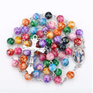 2022 Hot sell Rosary glass color beads Jesus Cross Christ Maria stock necklace for pray
