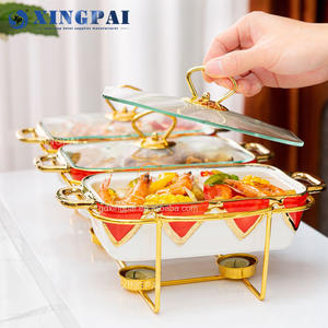 طقم تسخين بوفيه طعام سيراميك أبيض عالي الجودة من XINGPAI بسعة 1 لتر*3، طبق تسخين أسود بغطاء زجاجي للفنادق والمطاعم - Product Image 2