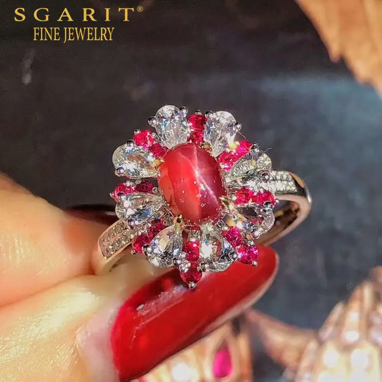 SGARIT factory sale beautiful luxurious wedding ring flower jewelry 18k gold 1.31ct unheated natural star ruby ring