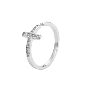 Funky Simple Rings Wholesale Rhodium Plated 925 Sterling Silver Pave Cubic Zirconia Cross Rings Jewelry