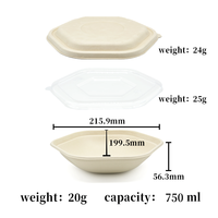 Bol à salade hexagonal personnalisable en pulpe de bagasse de canne à sucre biodégradable avec couvercle, accessoire pour l'emballage alimentaire et le camping 750