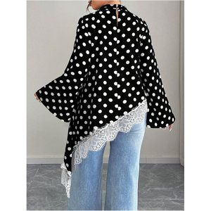 Blusa Elegante Estampada con Puntos para Mujer, Manga Larga, Manga Campana, Adorno de Encaje Asimétrico, Top de Gasa para Uso Diario - Product Image 2