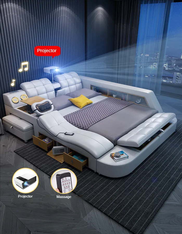 Yatak çerçeve tasarımcı yatak odası mobilya setleri, çok fonksiyonlu modern çift kral akıllı metal deri yatak 1.8 m çift kişilik yatak