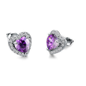 Orecchini a Perno E396 Cuore Viola in Argento 925 con Cristallo di Ametista per Uso Quotidiano Femminile - Product Image 4