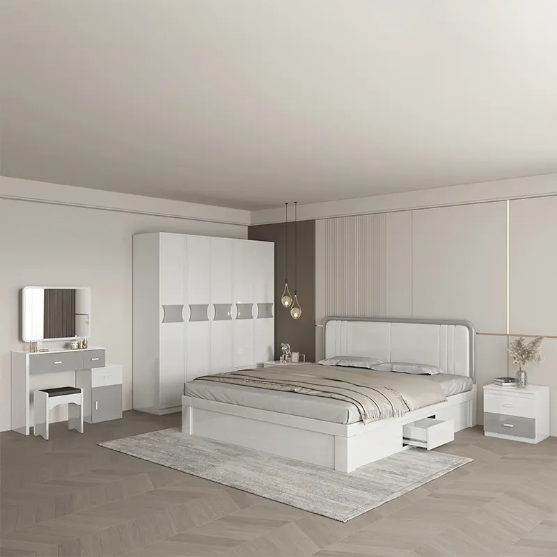 Conjunto de muebles de dormitorio de tamaño queen, set de dormitorio italiano real de estilo nórdico de madera, cama de alto brillo de 1,5 M, muebles de dormitorio