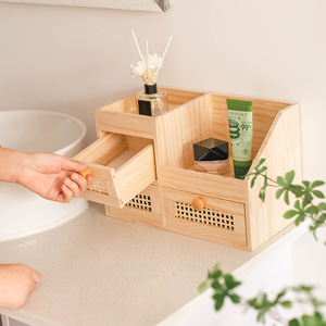 Caja de almacenamiento de madera con cajones para cosméticos y joyas, organizador de escritorio, color sólido, capacidad de 1-3L - Product Image 4