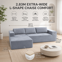 Canapé sectionnel profond avec chaise longue, revêtement en chenille, accoudoirs bas, canapé modulaire 2 pièces pour petit appartement