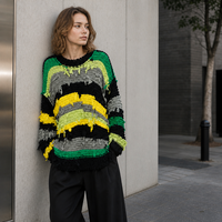 Pull tricoté fait main au design original, style mode urbaine - 50% Soie de mûrier 50% Coton, rayé, épais, col rond, pour femme, hiver