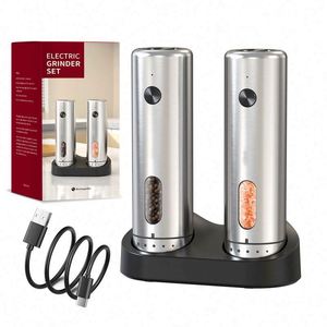 New Silver Electric Salt <b>Pepper</b> <b>Grinder</b> Set USB Charging Base LED Light 6-Level Adjustable Coarseness Stainless Steel - Product Image 2
