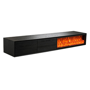 Mobile TV da Parete con Caminetto 3D in Legno Massello, Fiamme Simulate, Inserto Decorativo con Fiamme Finte, Finitura Nera Effetto Legno - Product Image 5