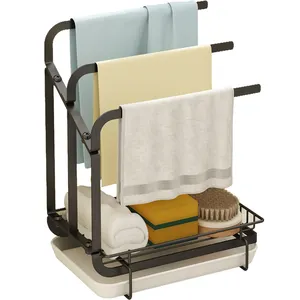 Factory price Metal cozinha organizador rack com vara de madeira com acessórios de cozinha Cleaning pano caddy armazenamento rack