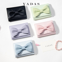 Dompet Lipat Tiga Mini Motif Pita Lucu Wanita Warna Macaron Bahan Kulit PU Tempat Kartu Dompet Saku Kecil Dompet Koin Uang Tunai Kartu untuk Wanita
