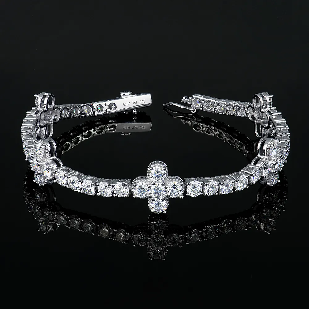 Produsen grosir perhiasan khusus gelang tenis jimat rantai tangan berlian moissanite bunga perak murni 925