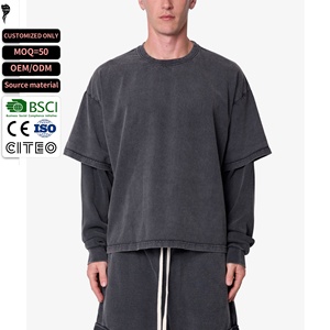 เสื้อยืดโอเวอร์ไซส์แขนยาวสองชั้นผ้าวาฟเฟิลแบบวินเทจสำหรับผู้ชาย ซักแล้ว ทรงหลวม รับผลิตตามแบบ OEM - Product Image 1