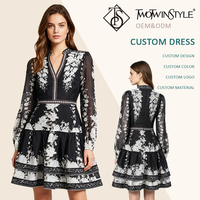 Robe Courte Vintage Noire à Motifs Floraux pour Femme, Col Montant, Col en V, Manches Longues Bouffantes, Jupe à Volants Superposés, Décontractée pour les Fêtes, Vente en Gros