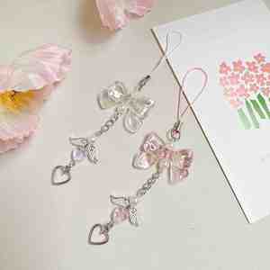 Correa de cuentas para teléfono móvil con dije de corazón y lazo de mariposa, bonita para colgar, accesorios para llavero de teléfono móvil - Product Image 2