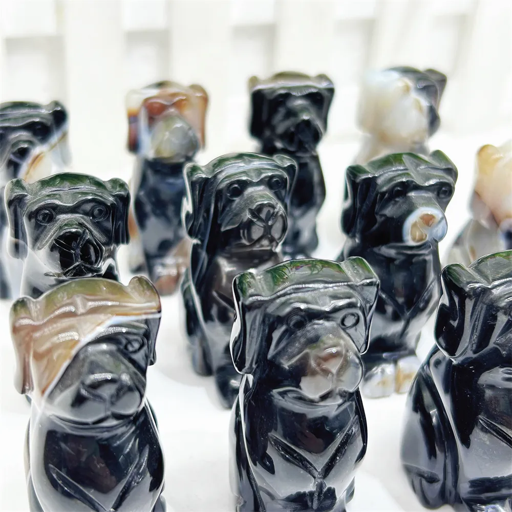 Vente en gros d'artisanat en cristal sculpture de petite taille produit naturel polissage chien agate dentelle noire pour la décoration de guérison