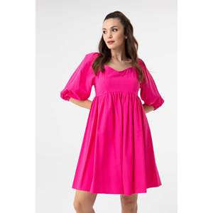 Vestido Mini Fruncido con Cuello en V y Mangas Abullonadas para Mujer - 31153ELB - Fucsia - Product Image 4
