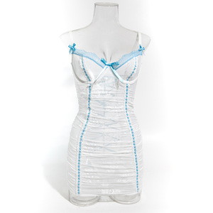 Lencería Romántica y Sexy de Encaje Blanco Transparente con Ribete Azul Claro y Tirantes Cruzados en la Espalda, Ropa de Dormir para Mujer - Product Image 6