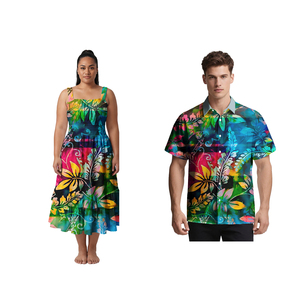Ensemble tendance pour couple : Chemises hawaïennes pour hommes et robes à bretelles pour femmes, motifs tropicaux polynésiens – Tenues assorties pour couple, style samoan, en promotion - Product Image 6