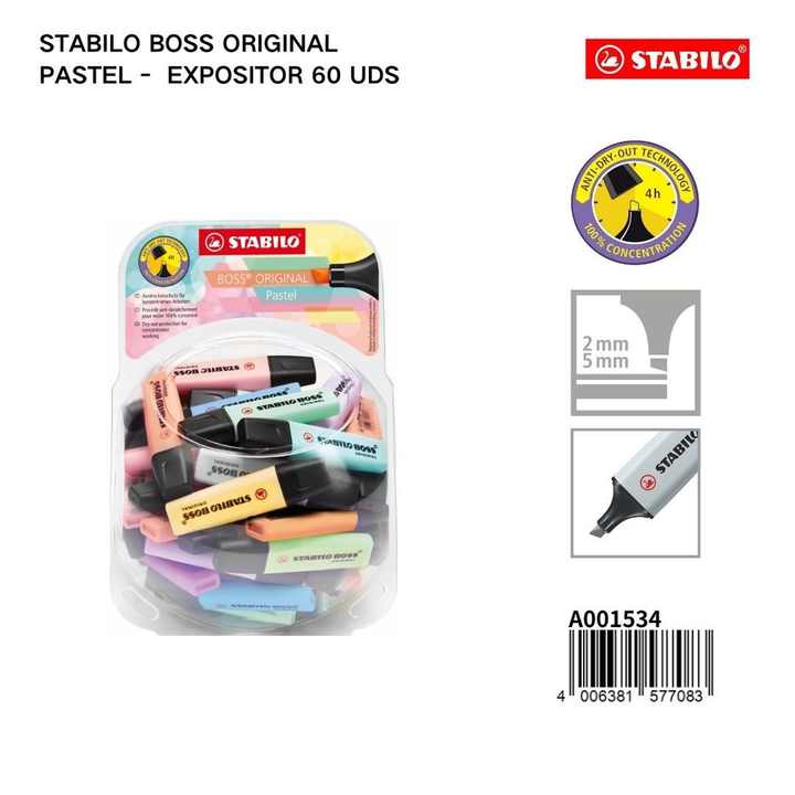 Display of 60 Stabilo BOSS original pastel markers, 2/5 mm