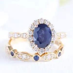 Rose Gold 14K Luna Halo 1.5ct Oval Ring Bridal Set Blue Sapphire and Bezel Diamond Band Women Wedding Ring Set