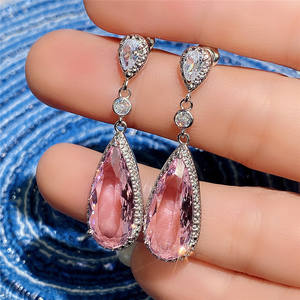 Boucles d'oreilles en cristal rose pour femmes, en argent 925, en forme de goutte d'eau, bijoux romantiques pour fête, E1468 - Product Image 4