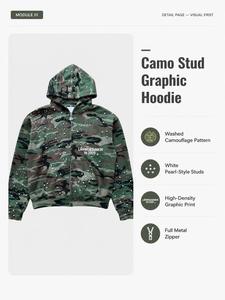 เสื้อฮู้ดซิปหน้าลายกราฟิก Camo Stud สไตล์สตรีทแวร์สำหรับผู้ชาย ทรงโอเวอร์ไซส์ พร้อมกระดุมแบบมุกและลาย Fu - Product Image 1