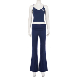 Conjunto de Dos Piezas para Mujer, Estilo Casual Deportivo Americano, Camisola con Estampado de Números y Bloques de Color, Cuello en V, Pantalones Acampanados con Volantes - Product Image 6