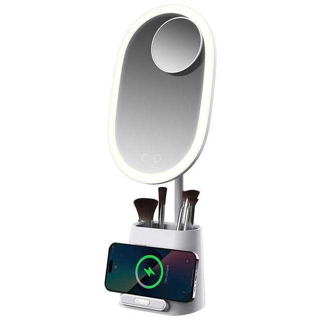 All-in-One LED Makeup Mirror Desktop Vanity Mirror With Phone Holder Wireless Charging Storage Box Integrated Cosmetic Mirror