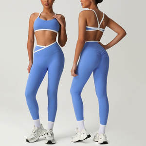 Ensemble d'entraînement respirant pour femmes <span class=keywords><strong>pantalon</strong></span> de Yoga à contraste de couleur avec contrôle du ventre soutien-gorge de sport pour la <span class=keywords><strong>tenue</strong></span> de fitness en cours d'exécution - Product Image 2