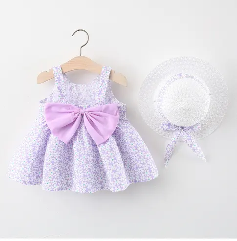 O novo verão pequeno floral grande chapéu de palha, meninas vestido de alça para enviar um chapéu, vestidos da bebê das crianças