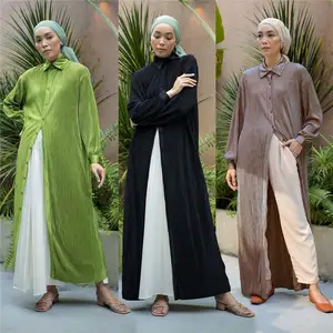 Wholesale EID Fashion Malaysia Dubai Elegant Modest Simple Plain Color Islamic Clothing Muslim Women Pleated Blouse Abaya Dress