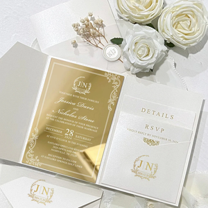 Personal isierte Luxus Gold Spiegel lädt elegante botanische und Goldfolie Tasche Acryl Hochzeits einladungen mit QR-Code RSVP - Product Image 6