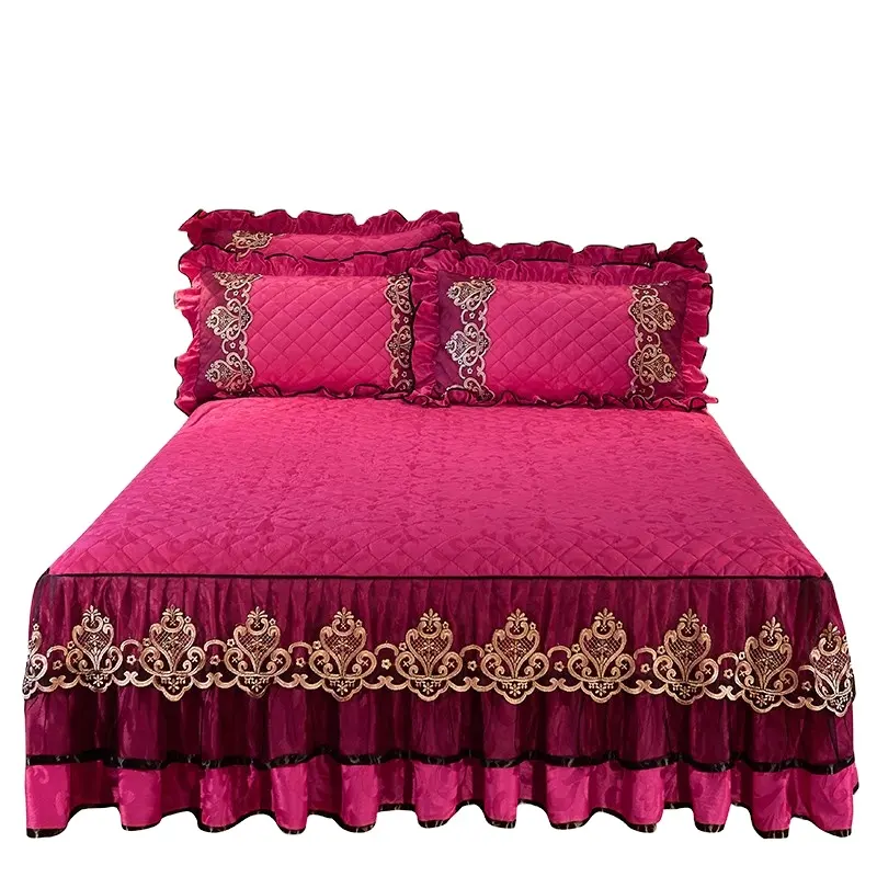 American style flower waterproof red rose cotton velvet quilted bed skirts wedding bedding set