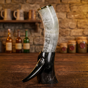 Eco-Friendly DIY Polished Hand Carved Buffalo Horn Viking Medieval <b>Drinking</b> Horn Love Design Matching Stand Leather Holder - Product Image 1