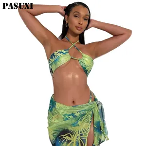 PASUXI Wholesale Three Pieces Printing Sunscreen Short Sleeves Bathing Suit Women Beachwear Bikini With Cover Up Swimsuits